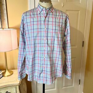 EEUC Men's Peter Millar Crown Ease Button Down‎ Pink Blue Plaid Shirt Size LARGE